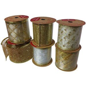 Meedee 2.5" Wired Edge Glitter Christmas Ribbon Set 6 Rolls Gold & White 36 Yard